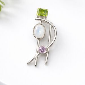 Sterling Silver Multi Gemstone Pendant 1.25” Peridot Moonstone Amethyst Modern
